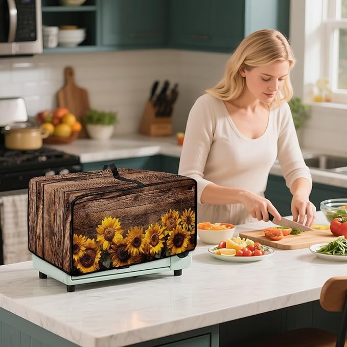 Microwave Oven Cover Vintage Sunflower Wood Grain Print Waterproof Toaster Oven Dustproof Cover Large Size Kitchen Appliance Protector with Storage Bag Machine Washable, S
