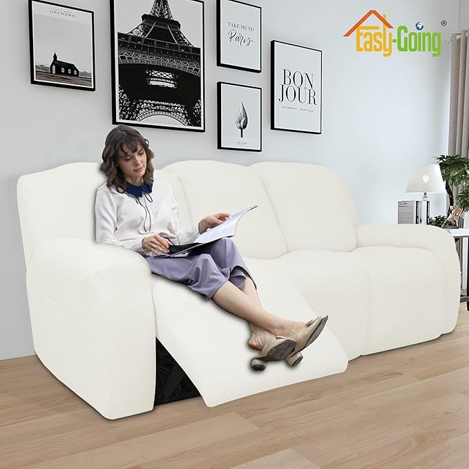 Easy-Going 8 Pieces Recliner Sofa Stretch Sofa Slipcover Sofa Cover Furniture Protector Couch Soft with Elastic Bottom Kids, Spandex Jacquard Fabric Small Checks Cream