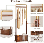 Taitiy Clothes Rack Solid Wood Coat Rack, Metal and Solid Wood Combination Clothing Rack with Wheels for Entryway, Bedroom, Living Room, Coat Racks Freestanding for Hanging Clothes Garment Scarf