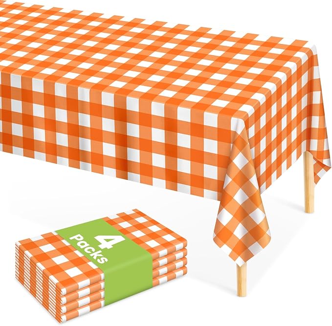 Mulbozy Orange Gingham Tablecloth 4 Pack, 54 x 108 Inch Plastic Table Cloth Disposable, Orange and White Checkered Table Cover for Party Supplies