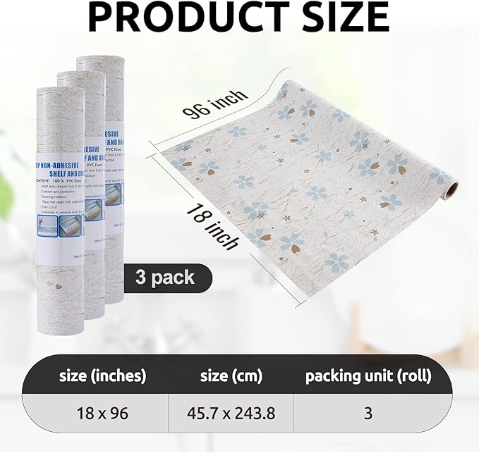 RAY STAR 18X96 Inch Shelf Liner for Kitchen Cabinets, Non-Adhesive Cabinet Liner Washable, PVC Drawer Liner for Dresser Non-Slip Bathroom (Floral)(3 Roll)