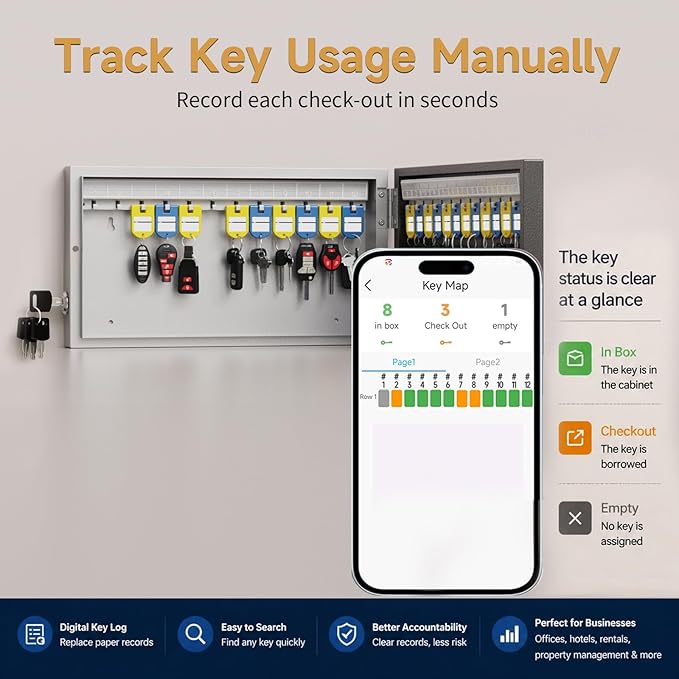 24 Key Lock Box Wall Mount, APP Bluetooth/One Time Password Share/Wi-Fi Remote, Smart Key Cabinet, Key Organizer box, Access Log Tracking Key Management System Apartment, Hotel, Office, House