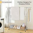 Clothing Rack Chrome, 47.05" to 65.94" Adjustable Rolling Clothing Rack, Standard Drying Garment Rack for Hanging Clothes, Metal Clothes Organizer with Wheels for Bedroom, Laundry Room, Silver