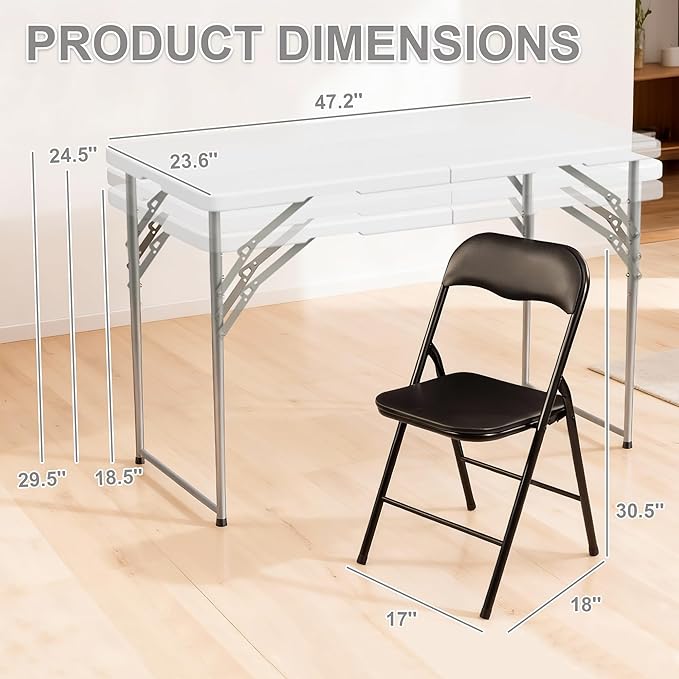 Elevon Folding Table Set with 2 Black Folding Chairs,4 Feet Heavy Duty Fold-in-Half Utility Table Sets for Picnic, Event, Training, Outdoor Activities, at Home and Commercial Use