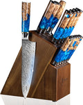 SENKEN 15-Piece Damascus Knife Block Set - "Tsunami" Collection Japanese Chef Knife Set - 67-Layer Japanese VG10 Steel Blades, Includes Chef Knife, Cleaver, 6 Steak Knives (Blue)