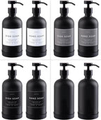 Hand and Dish Soap Dispenser for Kitchen and Bathroom, Set of 2 16 Oz Glass Bottles, Stainless Steel Pumps, Non-Slip Silicone Base, 27 Waterproof Labels (Matte Black Bottle/Black Pump)