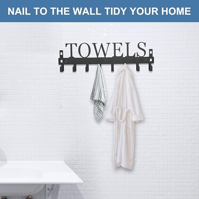 Azmoncy Over The Door Hooks, Towel Rack for Bathroom Towel Holder for Hanging Heavy Duty, Wall Mount Towel Hanger with 8 Hooks for Bedroom Bathroom Pool Kitchen Towels, Bag, Coats, Black