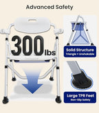 VOCIC Folding Shower Chair for Inside Shower, Lab-Tested 300lbs Heavy Duty Shower Seat for Elderly & Disabled, Flip-Up Arms, Cutout Seat, Height Adjustable Back & Legs, Portable Shower Commode Chair