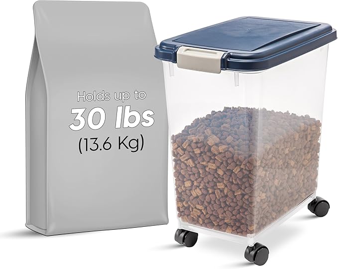 IRIS USA Airtight Dog Food Storage Container, Up to 30 lbs, Attachable Wheels, for Dog Cat Bird and other Pet Food Storage Bin, Keep Fresh, Easy Mobility, BPA Free, Navy