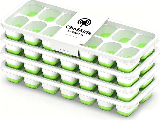 ChefAide Ice Cube Tray with Lid, 4 Packs 56 Cubes Durable Stackable Ice Cube Trays for Freezer with Removable Lids, Easy-Release Plastic & Silicone Ice Tray for Cocktail, Coffee