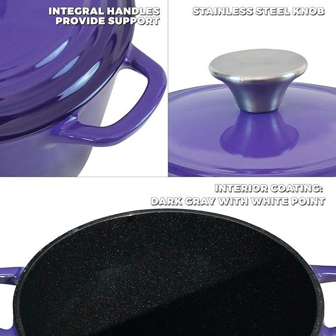 Flavehc Dutch Oven Pot with Lid 1.8 qt Cast Iron Dutch Oven for Bread Baking Purple Enameled Cast Iron Rice Pot with Handels