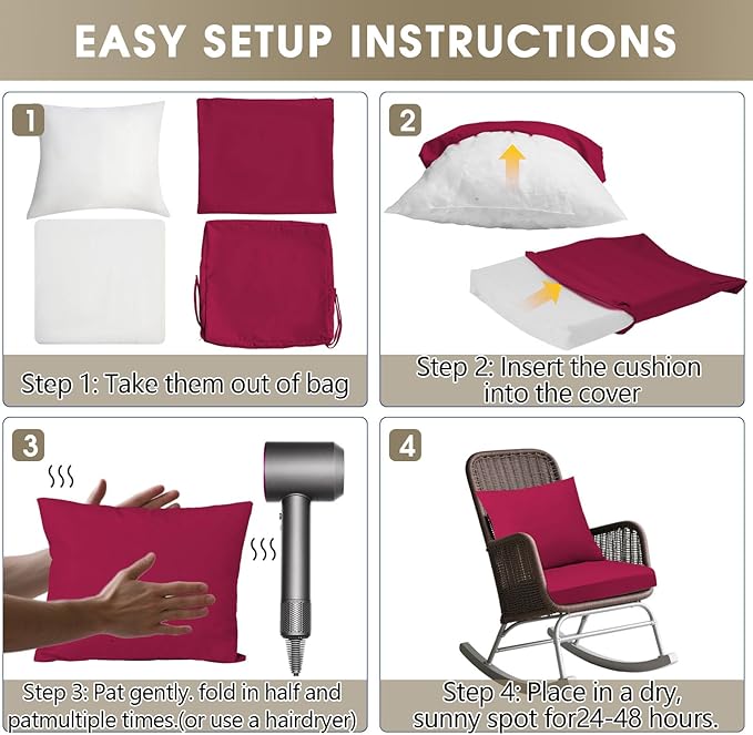 Outdoor Seat Cushion Set 19 x 19 In, Water-Resistant & Fade-Resistan, Patio Furniture Cushions with Removable Cover Deep Seat & Back Cushion with Handle and Adjustable Straps for Chair Sofa,4PC