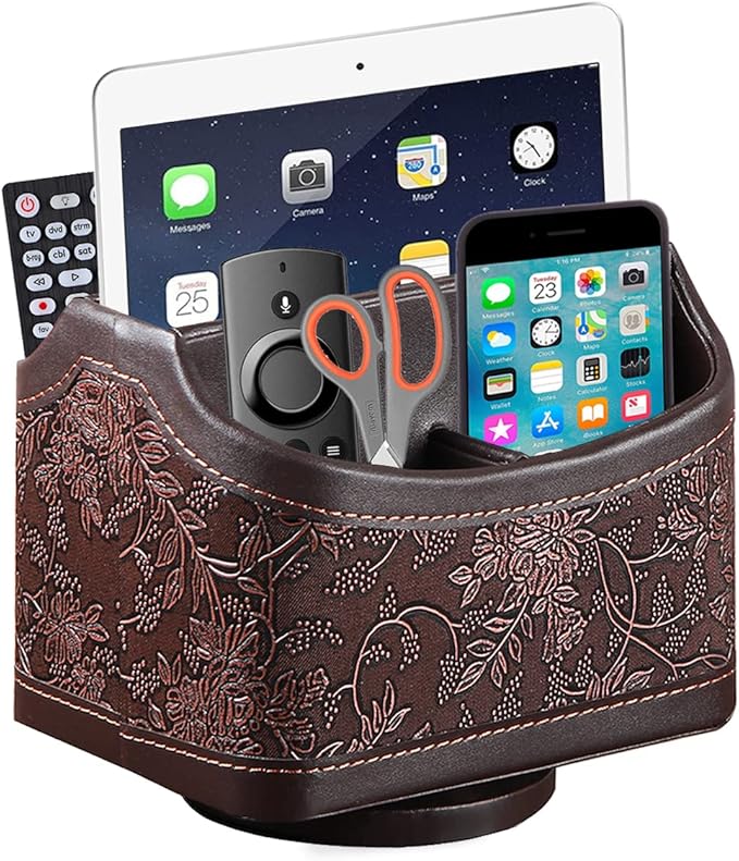 PU Leather Remote Control Organizer with 360° Spinning Design,Desk Organizer for TV Remote,Phone,Pen,Glasse,Mail,Tablet,Calculator,Controller-Home & Office Storage Caddy (Antique Brown) ﻿