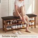 Shoe Bench with Leather Cushion,Wood Bench with Shoe Rack,2-Tier Shoe Storage Organizer for Entryway,Hallway,Living Room (2-Tier-47.3", Rubberwood)