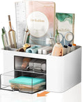 Stationary Organiser 7-Grid Desk Organizer with Drawer – Multifunctional Plastic Table Organizer & Pen Holder for School, Office, and Home (White)