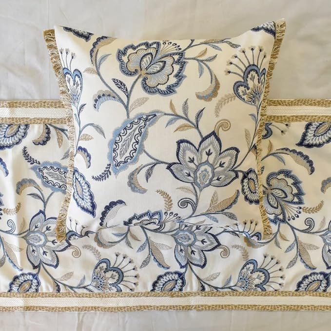 The HomeCentric King/Queen/Twin Blue Designer Queen 74"x18" Bed Runner with 2 Pillow Cover, Floral, Embroidered, Jute Lace & Lace Bed Scarf on Cotton Fabric - Morning Glories