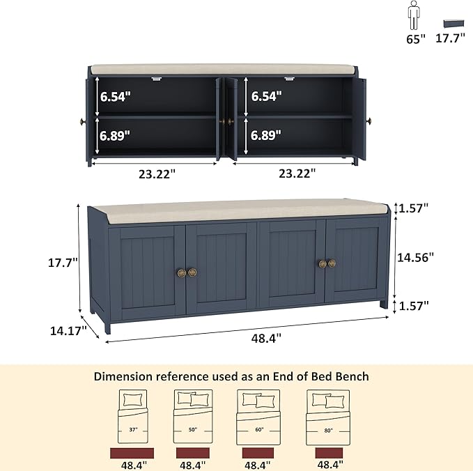 HOMEFORT 48.4" Shoe Storage Bench with Cushion, Entryway Bench with Paddded Seat, 2-Tier Shoe Cabinet Bench with Adjustable Shelves and 4 Doors, Wooden End of Bed Bench, for Bedroom, Hallway, Blue
