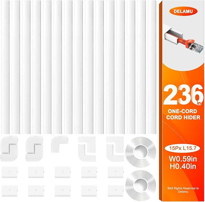 Delamu 236in Cord Hider, Single-Wire Cord Covers for Wires on Wall, Paintable Snap-on Design Wire Cover, Cable Management Kit for Corner-Mounted TVs, Easy Install Cable Raceways, W0.59 H0.4in, White
