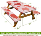 Hearts Picnic Table Cover with Bench Covers Set of 3-Pink Background with Roses,Elastic Fitted Tablecloth for 6 Ft Tables, Washable Polyester Cover for Valentines Day Camping, Indoor & Outdoor