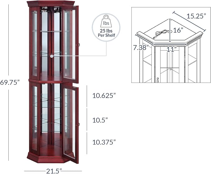 BELLEZE Lighted Wooden Corner Display Curio Cabinet, Two Section Shelving Unit