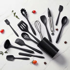 LIANYU 14 Pcs Silicone Kitchen Utensils Set with Holder, 446°F Heat Resistant Silicone Cooking Kitchen Utensils Spatula Set, Non-Stick & Dishwasher Safe Cooking Tools, Comfort Grip Handle, Black