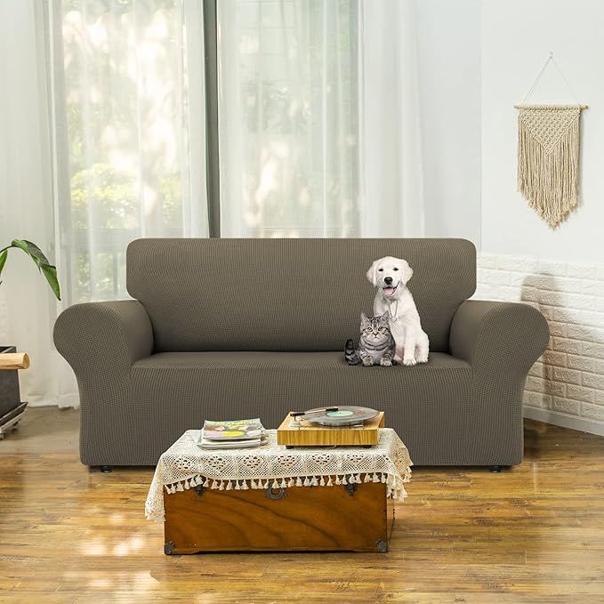 LURKA Stretch Loveseat Sofa Slipcovers 1 Piece Couch Covers for Sofa Furniture Protector Full Sofa Covers with Elastic Bottom for Kids and Dog (Medium, Khaki)