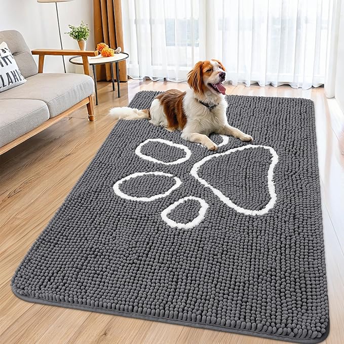 Smiry Dog Door Mat for Muddy Paws, Absorbent Dirt Trapper Non Slip Quick Dry Washable Chenille Mat for Mud Dogs, Entry Rug for Indoor and Outdoor (59x35 Inches, Dark Grey and White)