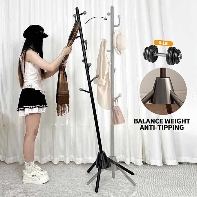 Heavy Duty Anti-Tip Coat Rack with 8LB Stable Weighted Base, [80LB Load Tested] Metal Standing Tree with 8 Hooks, 3-Height Adjustable Space Saving Clothes Organizer for Entryway, Bedroom, Office