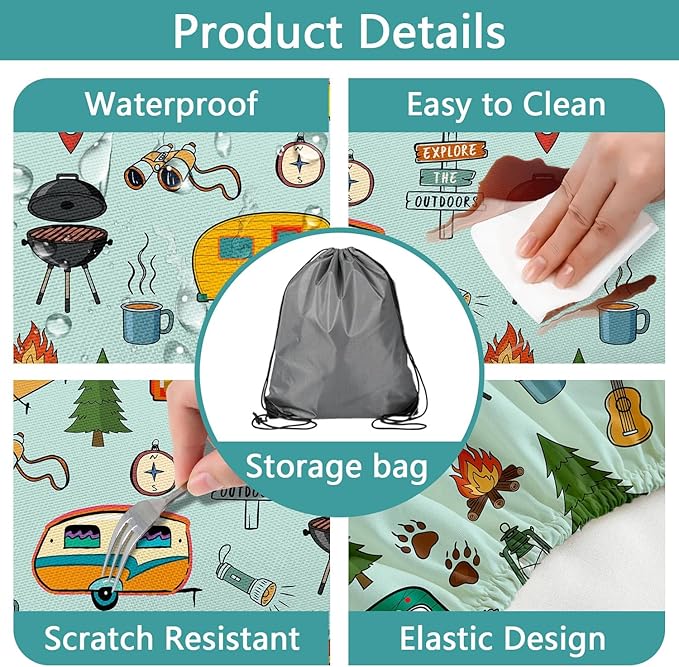Camping Picnic Table Cover with Bench Covers and Bag, Camping Essentials, Waterproof Windproof Fabric, Fitted Tablecloth Cover with Elastic Edge, for Indoor & Outdoor, Garden, 3 PCS, 30x72 Inch