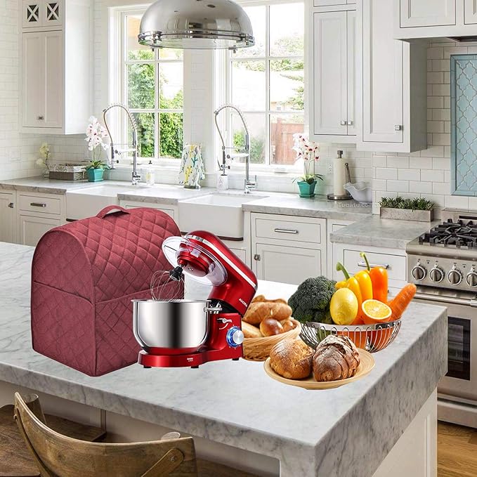 Stand Mixer Dust Cover with 3 Pockets Compatible with KitchenAid Tilt Head, Easy Cleaning,Waterproof,Can Ironable (Red Wine, Fits for 4.5-Quart and All 5-Quart)