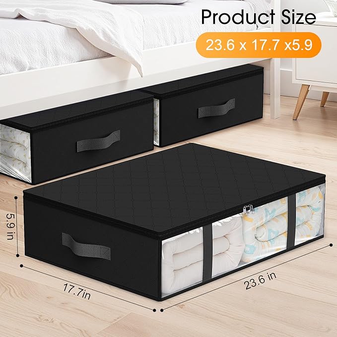 StorageRight Under Bed Storage Bins, 3-Pack 40L Foldable Fabric Storage Bags with Transparent Window, Breathable Organizer for Clothes/Blanket/Comforter/Quiltr, Black