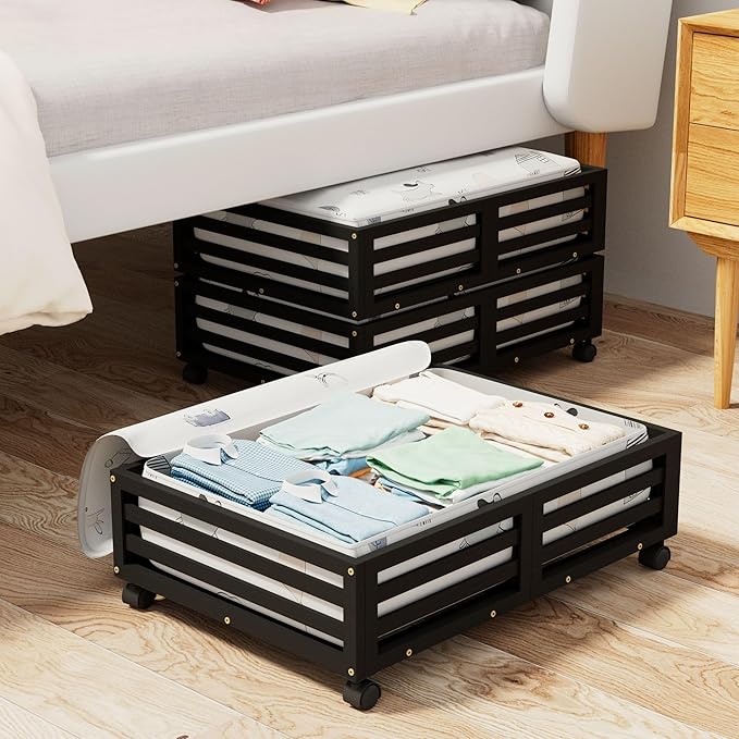 Bamboo Under Bed Storage Containers- Underbed Organizer with Wheels with Large Capacity Dust Bag,Sturdy Wood Rolling Under Bed Shoe Storage Organizer 2 Packs (Black, 2 Packs (23.62"×16.54"))