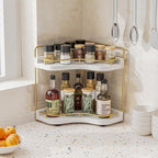 2-Tier Corner Bathroom Counter Organizer with Embedded Screw Holes, Secure & Stable Wood Vanity Shelf for Makeup and Skincare Essentials - Space Saving Bathroom Countertop Storage, White Gold