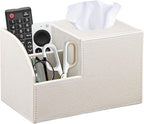 Square Tissue Box Cover with Storage, PU Leather Cube Tissue Box Holder, Remote Control Nightstand Organizer, Modern Desk Caddy for End Table, Bathroom, Bedroom, Home, Office Decor