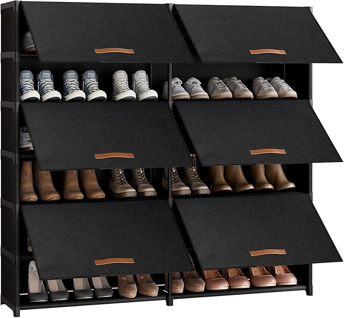 Shoe Storage Cabinet with Door, 42 Pairs Shoe Rack 2 by 7 Tier Space Saving Plastic Shoe Organizer with Cover for Closet, Hallway, Living Room, Bedroom, Garage, Black