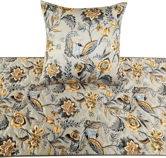 The HomeCentric King/Queen/Twin Grey & Yellow Decorative Twin 53"x18" Bed Runner with 2 Pillow Cover, Peacock, Quilted & Tassels Bed Scarf on Satin Fabric - Peacock Swag