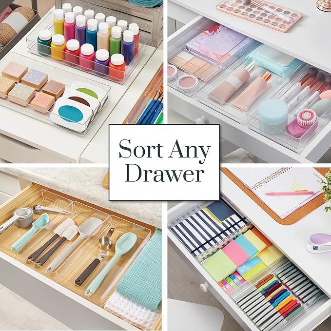 STORi SimpleSort 3-Piece Stackable Clear Drawer Organizer Set | 12" x 6" x 2" Rectangle Trays | Wide Makeup Vanity Storage Bins and Office Desk Drawer Dividers | Made in USA