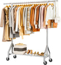 HYSEYY Heavy Duty Clothes Rack Load 450 LBS, Metal Garment Rack, Standing Rolling Clothing Rack for Hanging Clothes with Sturdy Wheels & Shelves, Portable Closet Wardrobe Rack,Sliver