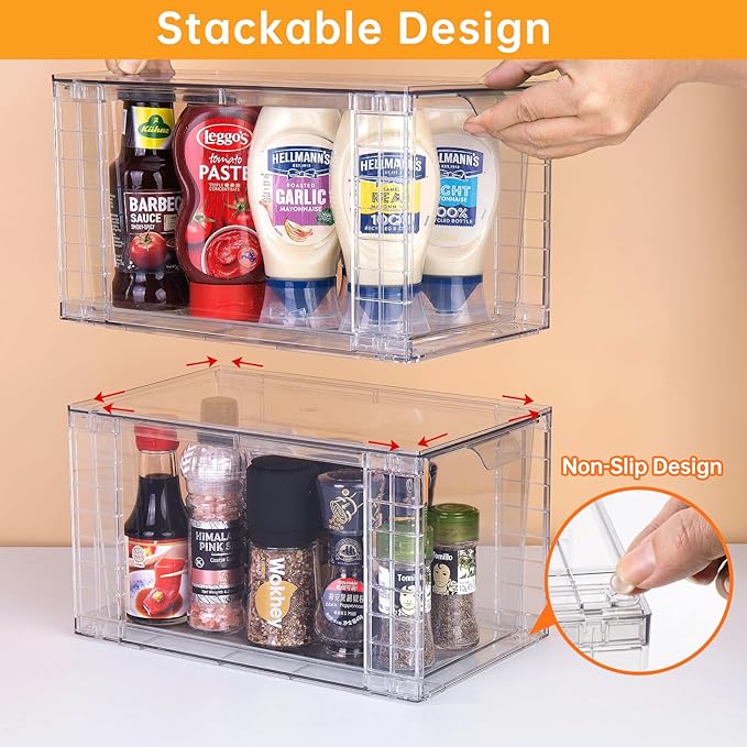4Pack Large Stackable Kitchen Storage Drawers, Clear Foods Organizer Bins with Handles, Easily Assemble for Bathroom, Kitchen, Pantry, Cabinet, Closet(XL-UP Handle)
