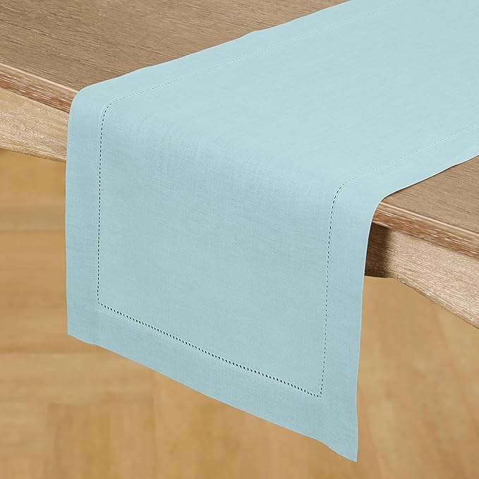 Solino Home Linen Aqua Blue Table Runner 144 Inches Long - 100% Pure Linen Extra Long Table Runner 14 x 144 Inch for Christmas, Holiday, New Year - Classic Hemstitch