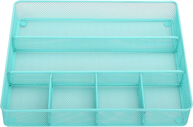 Annova Desk Top Organizer Tray for Office Organization - Metal Mesh - Storage Tray with Dividers for Pens, Desktop Accessories, Bathroom, Kitchen, Makeup and Office Supplies (Large, Turquoise)