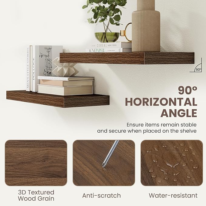 Acovy 30 Inch Floating Shelves,9.3" Deep Floating Shelf Wall Mounted,30 Inch Wall Book Shelves for Home Decor,Large Long Deep Hanging Shelves for Bathroom Office Laundry Living Room Bathroom,Walnut