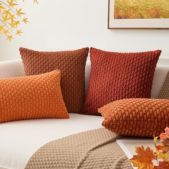 Kevin Textile Fall 12x20 Inch Pillow Cover 1 Pack Boho Decorative Soft Striped Corduroy Lumbar Farmhouse Solid Color Accent Rectangle Cushion Case for Living Room Couch Sofa Bed, Burnt Brick