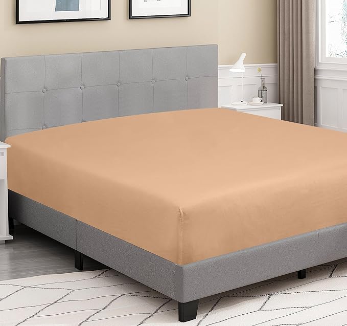 ROYALE LINENS 300 Thread Count 100% Long Staple Combed Cotton Fitted Sheet Twin - Super Soft Deep Pocket Bottom Sheet - Fitted Sheets Only - Elastic Sheets (Twin, Sand)