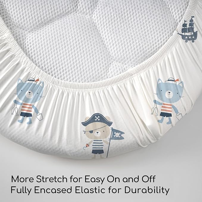 Baby Bassinet Sheets Girl Boy, Stretch Fitted Bassinet Sheet Set 3 Pack Bassinet Mattress Sheets Universal Fit for Rectangle, Round, Oval, Hourglass Mattress, Soft Breathable Blue Ocean Sailor
