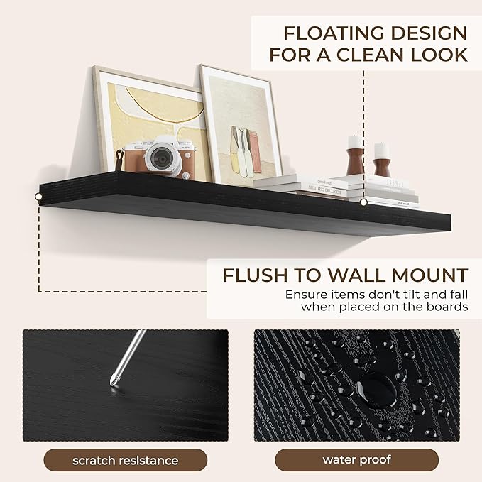 RICHFOCUS 48Inch Floating Shelves for Wall 2 Pack Shelves for Bedroom|Kitchen|Bathroom Wall Mounted Rustic Wood Floating Shelf with Invisible Brackets for Books|Storage|Decor, Black