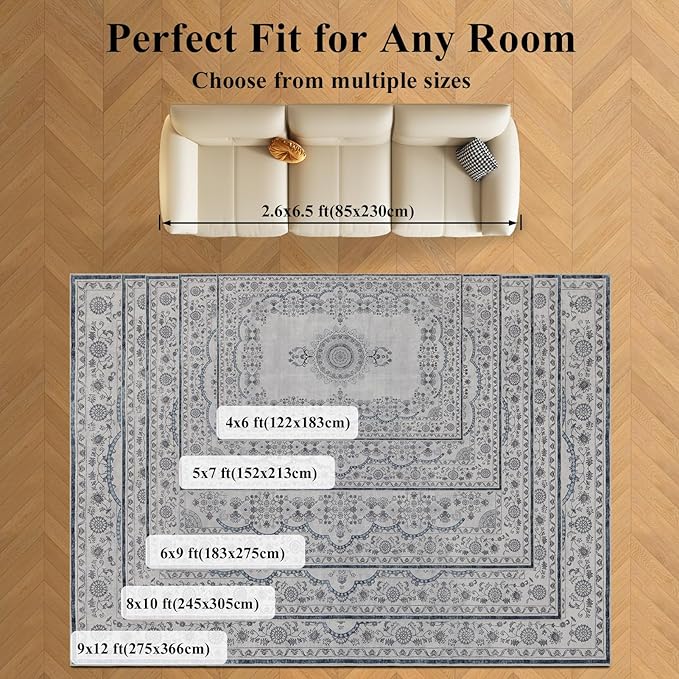 4x6 Washable Area Rug for Living Room, Carpet for Bedroom, Soft Faux Wool Retro Dining Room Rug, Non Slip&Non-Shedding Resistant Low Pile Vintage Print Rug for Home Office (Grey/Blue)