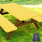 Smiry Picnic Table Cover with Bench Covers, Waterproof Elastic Fitted Tablecloth for 5 Foot Tables, Washable Polyester Tablecloths for Camping, Indoor & Outdoor (Yellow, 30x60 Inch 3-pc Set)