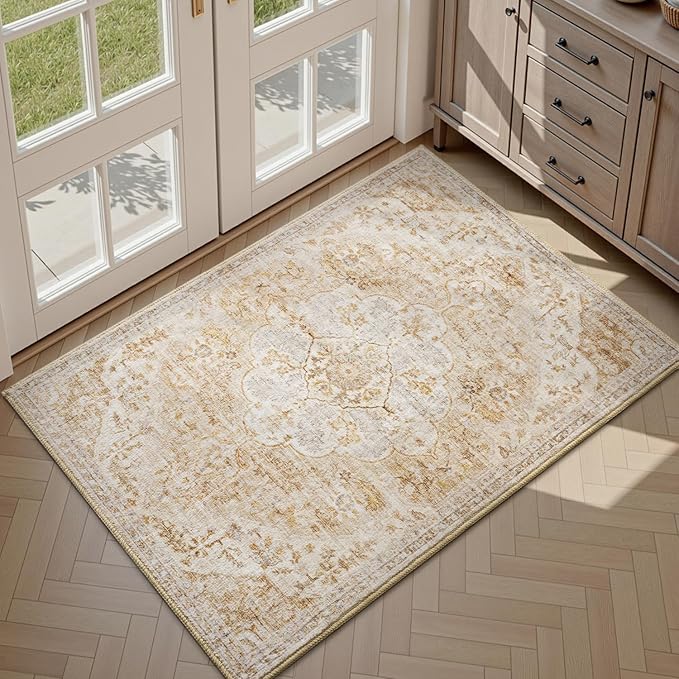 tchdio 2x3 Entryway Rug, Non Slip Front Door Mat Small Washable Rugs, Soft Low Pile Small Area Rug Vintage Doormat, Stain Resistant Rug for Entrance, Kitchen (Beige, 2'x3')