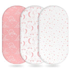 Baby Bassinet Sheets Girl Boy, Fitted Bassinet Sheet Set 3 Pack Bassinet Mattress Sheets Universal Fit for Rectangle, Round, Oval, Hourglass Mattress, Soft Breathable Pink White Moon